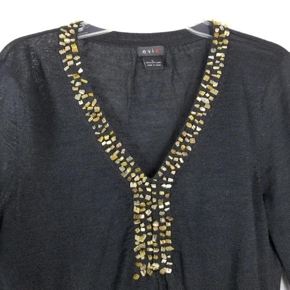 Evie Womens Soft Linen Long Sleeve V Neck Top Size L Black Embellished Neckline - Picture 3 of 11